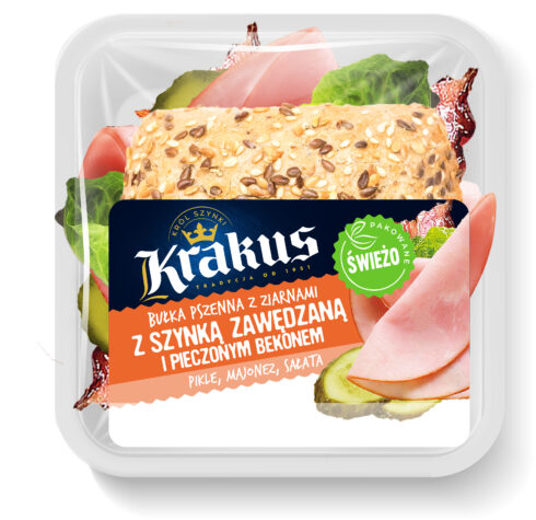 Bułka pszenna z&nbsp;ziarnami z&nbsp;szynką zawędzaną i&nbsp;pieczonym bekonem